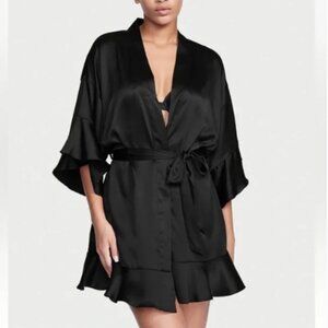 Victoria's Secret Black Satin Robe Flutter Sleeves Size XS Small